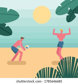 young men wearing swimsuit playing volleyball characters vector illustration design