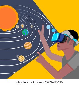 Young men wearing vr players To study the solar system