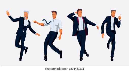 Young men in white shirt, trousers and tie are standing variable dancing poses. Elegantly Dressed in Formal Suit businesmen.