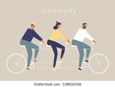 Young men and woman ride a bicycle. The concept of business teamwork. Vector illustration with funny characters. Stylish idea for your start-up pictures. Flat design style with pastel colors