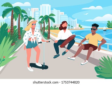 Young men and woman summer activity flat color vector illustration. People walking on resort town street. Teenager riding scooter and skating. Tourists 2D cartoon characters with city on background