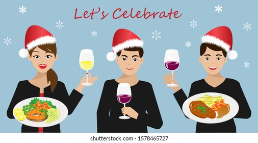 Young men and woman wearing Santa Claus's hat holding steak plate with white and red wine. Isolated on falling snowflake blue background. Vector Illustration. Idea for Christmas family dining at home.