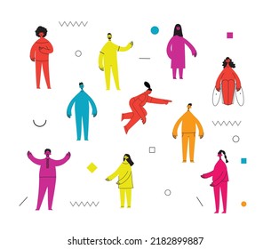 Young Men And Women With Abstract Geometric Shapes. Team Building And Teamwork Concept. Business Partnership, Cooperation And Communication. Modern Flat Cartoon Style.