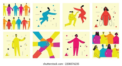 Young men and women with abstract geometric shapes. Team building and teamwork concept. Business partnership, cooperation and communication. Modern flat cartoon style.