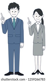 Young men and women businessmen pointing points with fingers
