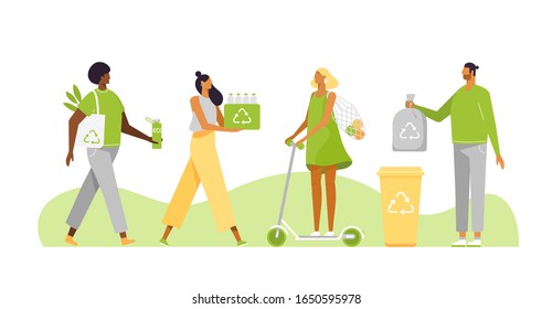 Young men and women care about the environment. People ride a scooter, use reusable bags and cups, sort garbage. Vector illustration in flat design on white background.