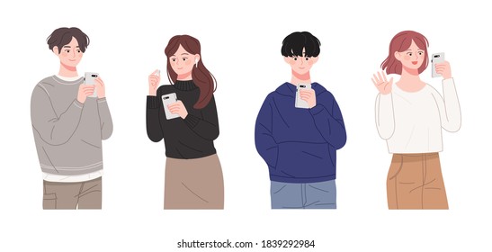 Young men and women in casual fashion are using smartphones. Vector illustration of a character sending a chat, listening to music, watching videos and making video calls.