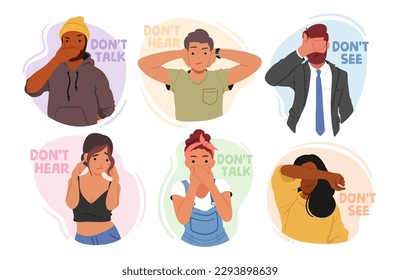 Young Men and Women Characters Closing Eyes, Ears and Mouth Like Three Wise Monkeys from the Saying. Do Not See, Hear and Speak Evil. Human Emotion and Body Language. Cartoon Vector Illustration