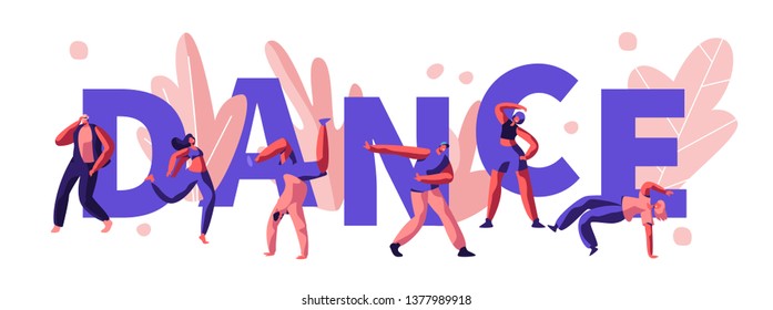 Young Men and Women Characters Dancing and Clubbing at Disco Party. Happy People Relaxing Active Lifestyle at Nightclub Event Concept. Poster, Banner, Flyer, Brochure. Cartoon Flat Vector Illustration