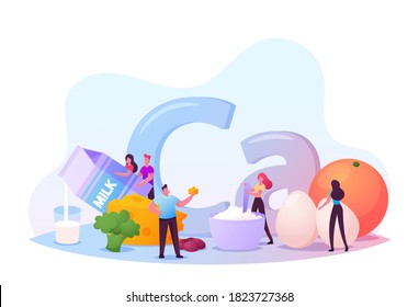 Young Men and Women Characters Eating Food with Calcium, Vitamins and Minerals. Healthy Lifestyle and Organic Food Nutrition, Fresh Natural Fortified Products. Cartoon People Vector Illustration