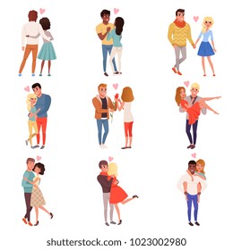 Young men and women characters in love hugging set, happy romantic loving couples cartoon vector Illustrations