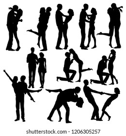 Young men and women characters in love hugging set, happy romantic loving couples silhouettes vector Illustrations