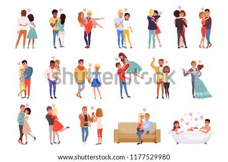 Young men and women characters in love hugging set, happy romantic loving couples cartoon vector Illustrations