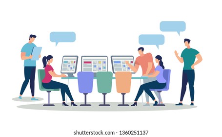 Young Men and Women Characters Using Electronic Gadgets and Computers for Work and Communication Isolated on White Background. Girls Sitting at Desk with PC Monitors. Cartoon Flat Vector Illustration.