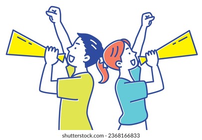Young men and women cheering using megaphones