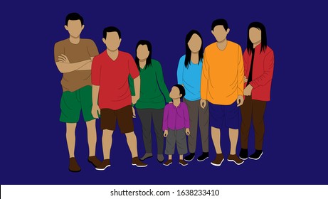 young men and women and children standing hand in hand and taking photos together. isolated in a blue background. Flat cartoon vector illustration