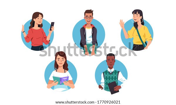 若い男女の大学生がガジェットを使い 本セットを持つ 立って手を振り 携帯電話を見て 教科書を読む人々 若者と教育 平らなベクター画像の文字イラスト のベクター画像素材 ロイヤリティフリー