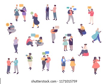 Young men and women communicating with each other, listening to music, taking selfie. Group of male and female cartoon characters with using technology to communicate. Flat vector illustration