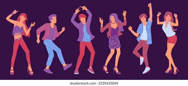 Young men and women dancing near campfire, flat vector illustration isolated on dark background. Camping fire party, music festival leisure and tourism activity.