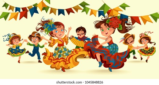 Young men and women dancing salsa on festivals celebrated in Portugal Festa de Sao Joao, girl wear flower in head traditional fiesta dance, holiday party dancers, festive people carnaval vector illustration