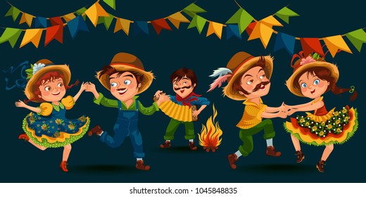 Young men and women dancing salsa on festivals celebrated in Brazil Festa Junina, man play on sanfona near bonfire traditional fiesta dance, holiday party dancer, festive people carnaval vector illustration