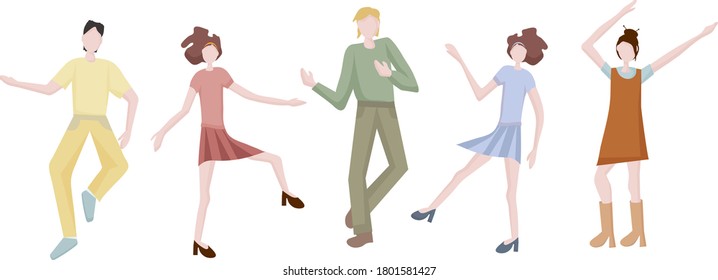 young men and women dancing together at a party or disco.  It's time to relax and get some rest. Fun to celebrate a holiday or birthday. Dance moves, activity, entertainment. Flat design