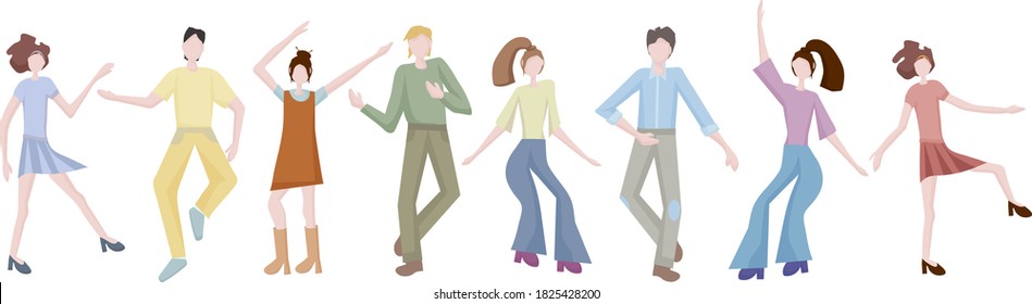 young men and women dancing together at a party or disco.  It's time to relax and get some rest. Fun to celebrate a holiday or birthday. Dance moves, activity, entertainment. Flat design