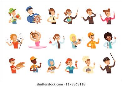 Young men and women of different professions set, people avatars collection colorful vector Illustrations