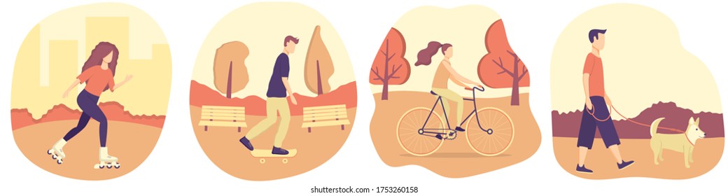 Young men and women do outside activities solo. Summer, fall warm weather sports with equipment. Bike, roller skates, skateboard. Walk the dog pet on leash. Weekend hobbies, active relax open space.