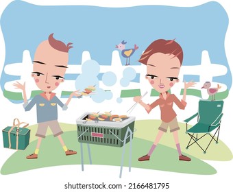 Young men and women enjoying an outdoor barbecue.vector illustration
