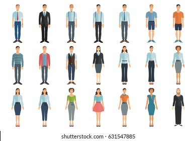 Young men and women in flat style. Set of vector characters. 