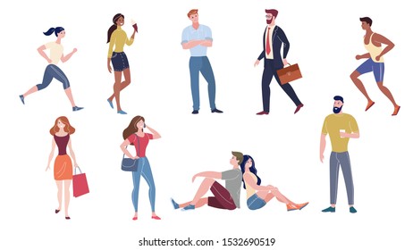 Young men and women flat vector illustrations set. Male and female caucasian models in casual and formal clothing cartoon characters. Sport people, fashionable ladies, businessman and couple.