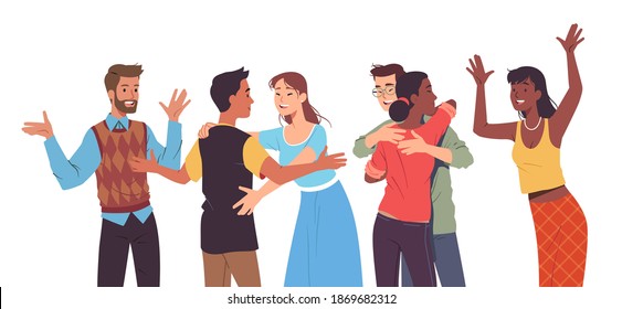 
Young men, women friends meeting together, embracing greeting each other. Happy multiethnic persons cartoon characters with open arms hugging. Friendship, relationships flat vector illustration