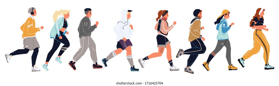 Young Men, Women, Girls, Boys, Students, Teens In Sportswear Running After Each Other. Sportsmen, Athletes, Runners Moving In Row. Marathon, Competition, Cross-country Vector Illustration On White.