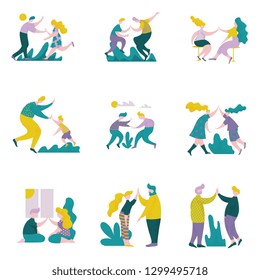 Young Men and Women Giving High Five to Each Other Set, Male and Female Characters Having Fun, Human Interaction, Friendship, Teamwork, Cooperation Vector Illustration