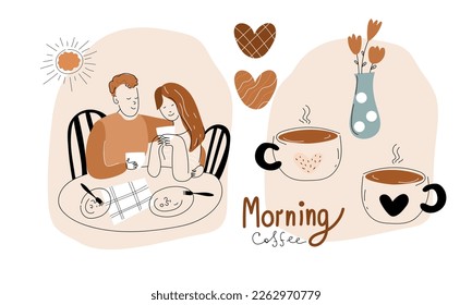 Young men and women have breakfast together.weekend morning  happy couple, morning  coffee, Vector doodle set illustration. 
