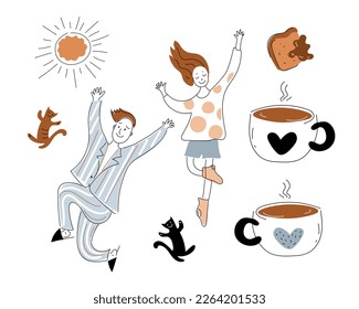 Young men and women have breakfast together. morning  coffee, Vector doodle set illustration. 