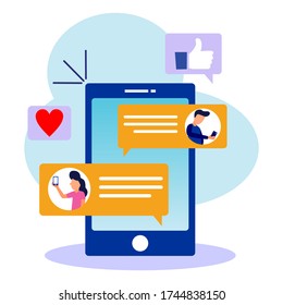 Young men and women have messages via smartphones with social media elements and emoji icons in the background. Friends chatting and texting. Vector illustration.