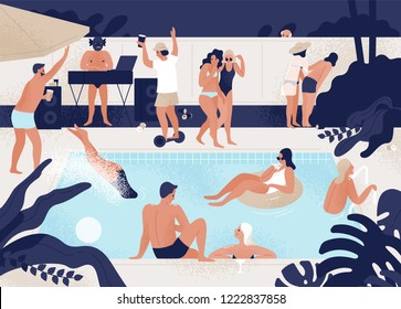 Young men and women having fun at outdoor or open-air swimming pool party. People diving, floating in rubber ring, dancing, walking, talking. Modern colorful vector illustration in flat cartoon style.