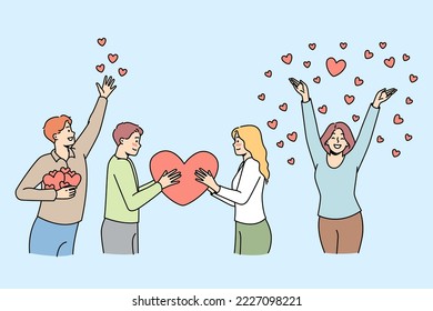 Young men, women hold big heart, give, spread their deep feelings, attention, happiness. Couple falling in love, pair of sweethearts, Saint Valentines day celebration. Vector outline romantic set.