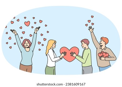 Young men, women hold big heart, give, spread their deep feelings, attention, happiness. Couple falling in love, pair of sweethearts, Saint Valentines day celebration. Vector outline romantic set.