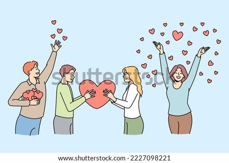 Young men, women hold big heart, give, spread their deep feelings, attention, happiness. Couple falling in love, pair of sweethearts, Saint Valentines day celebration. Vector outline romantic set.