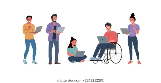 Young men and women holding and using laptop. Vector flat style cartoon  illustration