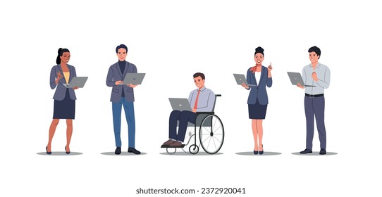 Young men and women holding and using laptop. Vector flat style cartoon  illustration