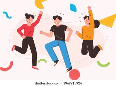 Young men and women jumping. Business personage vector illustration.