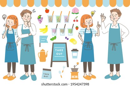Young men and women and kitchen icons