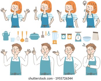 Young men and women and kitchen icons