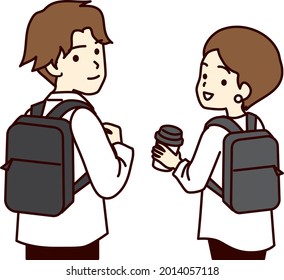 
Young men and women looking back with a backpack.