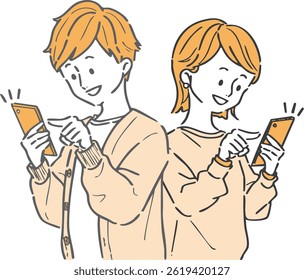 Young men and women looking at smartphones, upper body, vector