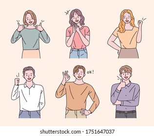 Young men   women are making positive gestures  flat design style minimal vector illustration 